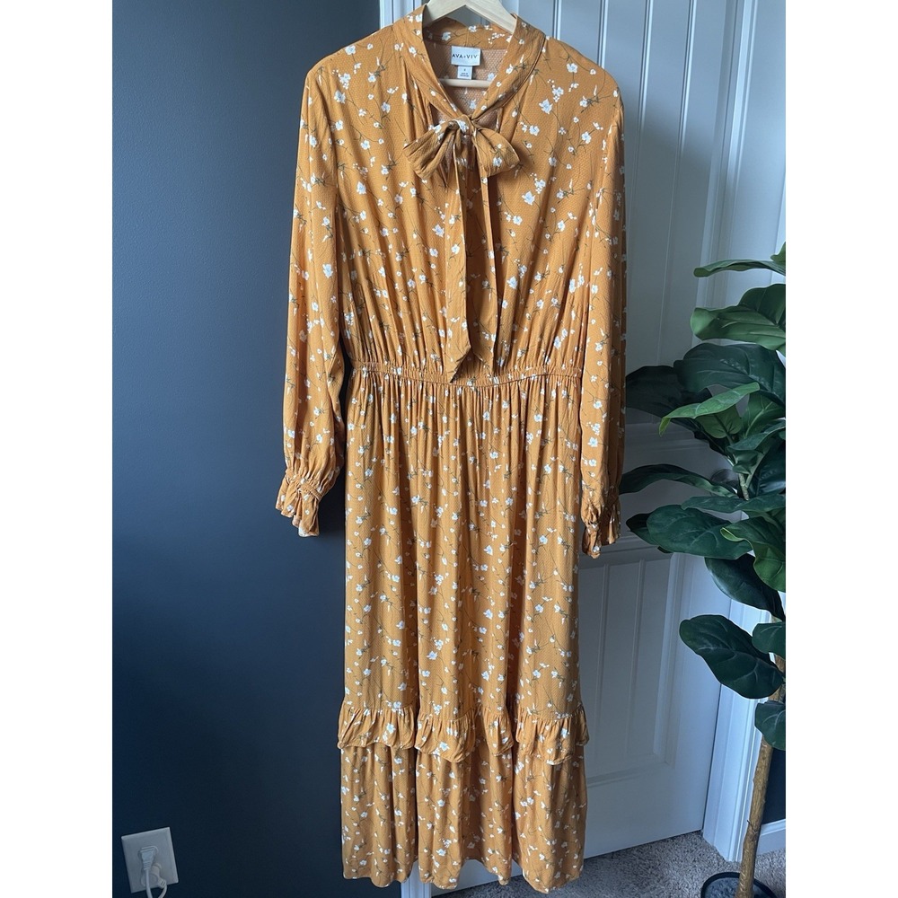 Ava & Viv Size X Maxi Dress | Mustard White Floral | Smocked | Ruffle | Tie Neck